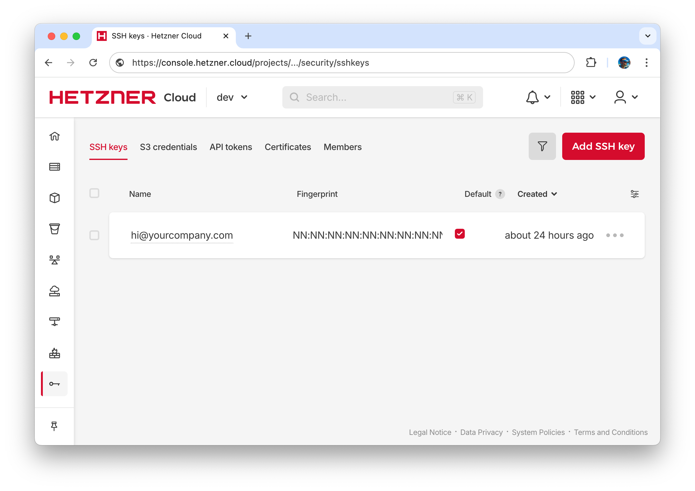 SSH public key in Hetzner Console